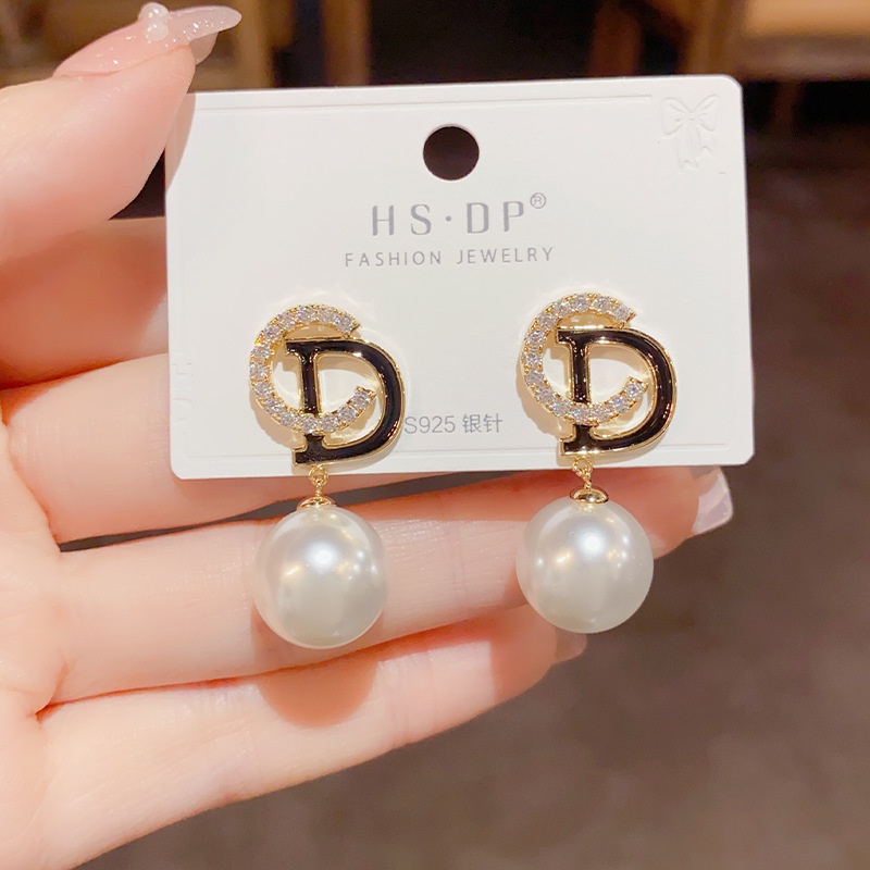 Bông Tai Mạ Bạc 925 Hình Chữ D Đính Ngọc Trai Thời Trang 2023