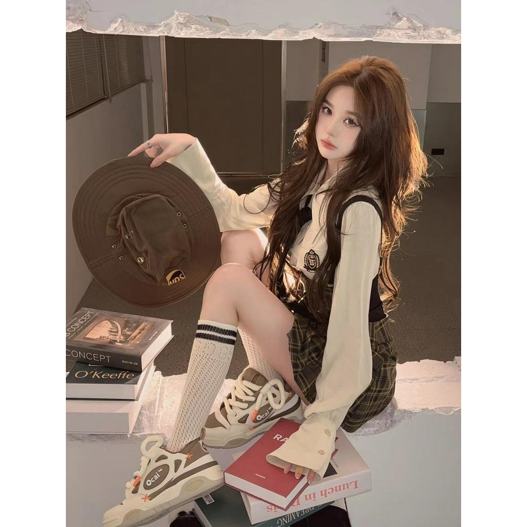 𝑨𝒏𝒏𝒂𝒔𝒉𝒐𝒑 Set Học Viện Khí Chất Pháp Áo Sơ Mi Thu Chít Eo Lộ Mix Chân Váy Kẻ Caro Dây Đeo Váy Ngắn Hai Bộ