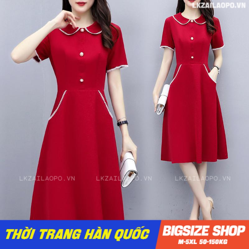 Đầm dáng suông Bigsize trung niên nữ tay ngắn cổ bẻ che bụng mỡ ôm eo mùa hè Phong cách Hàn Quốc Thời Trang tiểu thư cá tính xinh đẹp cho người mập béo