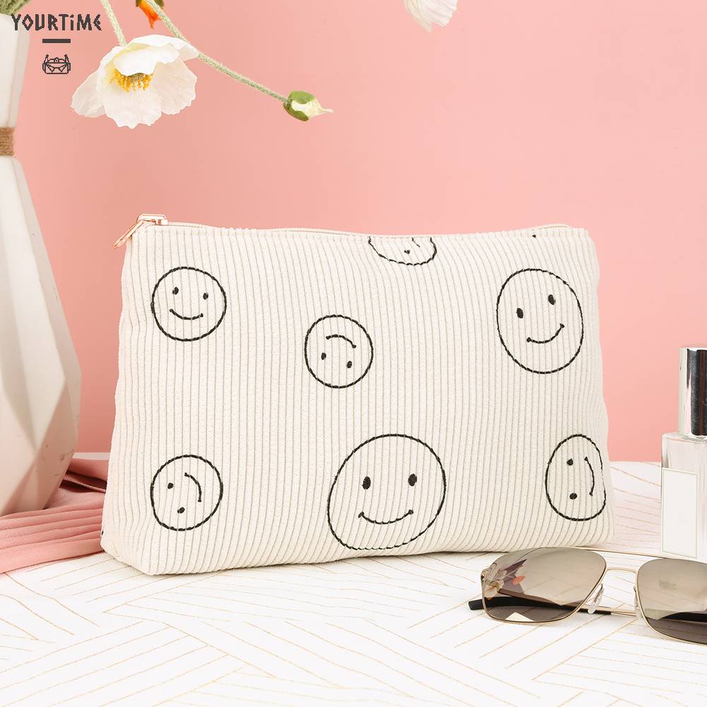 Túi Đựng Mỹ Phẩm Hai Mặt Bằng Vải Nhung Kẻ Dễ Thương Xinh Xắn