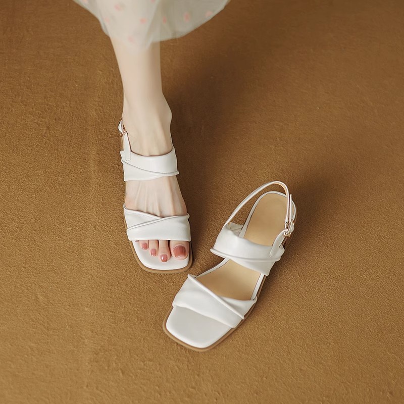 Duoya Tóc Thẳng ~ [Hàng Có Sẵn] Sandal Cao Gót Hở Ngón Mũi Vuông Bằng Da Thật Mềm Mại Thoải Mái Thời Trang Mùa Hè Đơn Giản Cho Nữ Miễn Phí Vậ