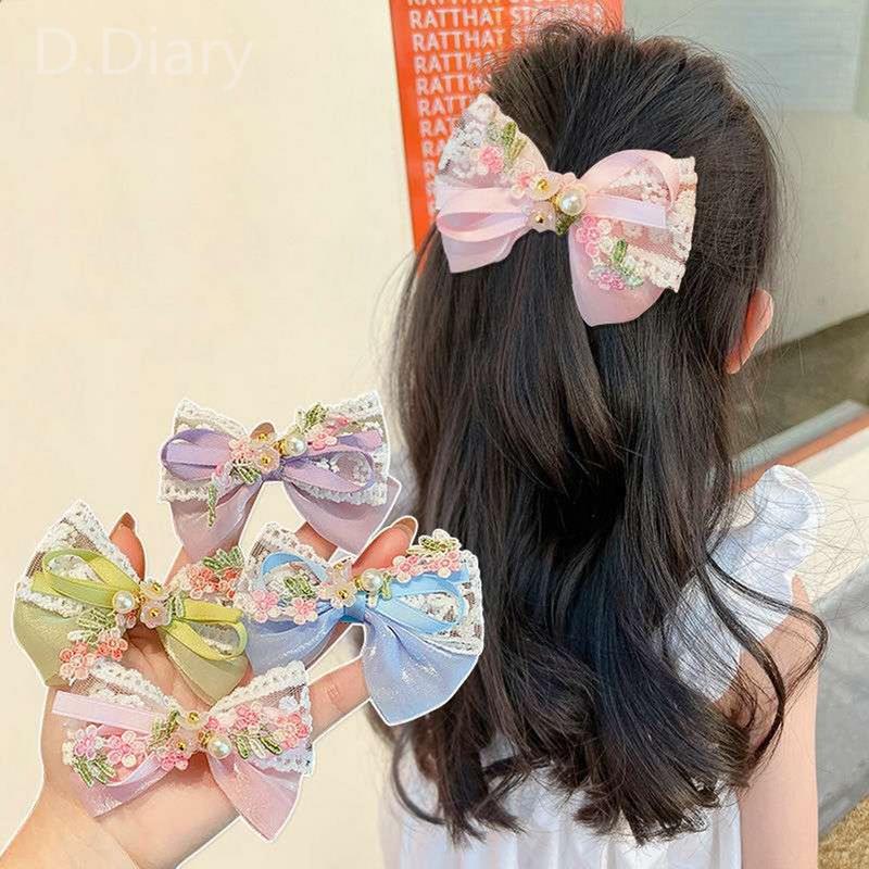 Kẹp Tóc Nơ Phối Ren Đính Ngọc Trai Dễ Thương Cho Bé Gái
