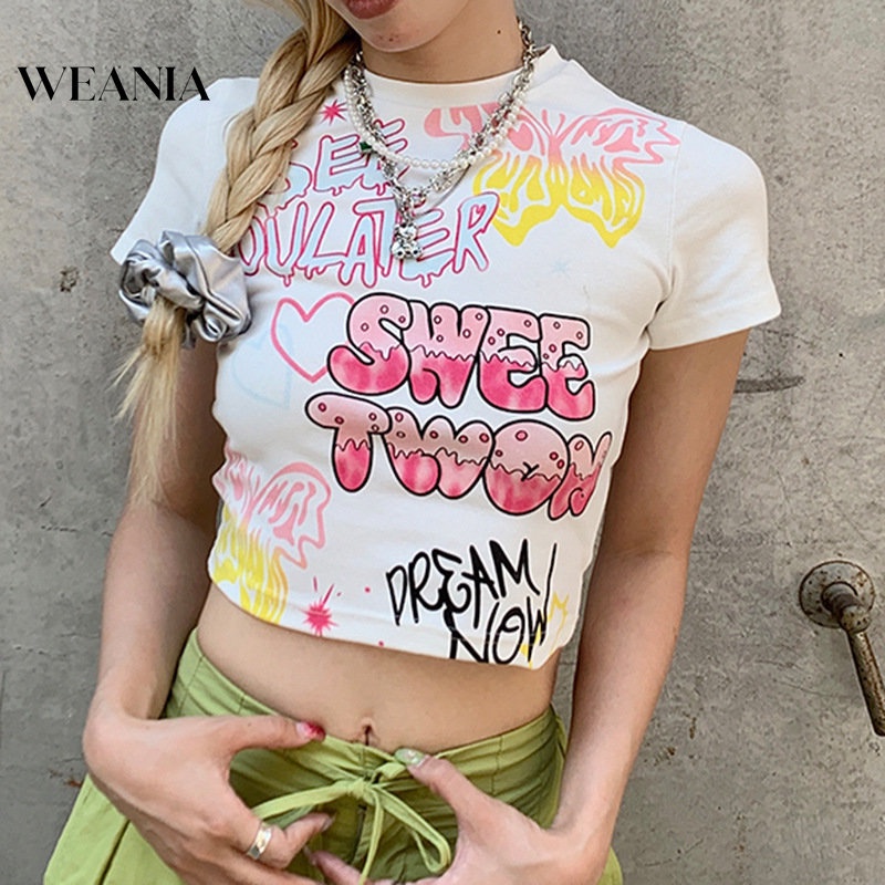 Áo Thun Cotton Tay Ngắn Dáng Rộng In Họa Tiết Graffiti Cá Tính Cho Nữ