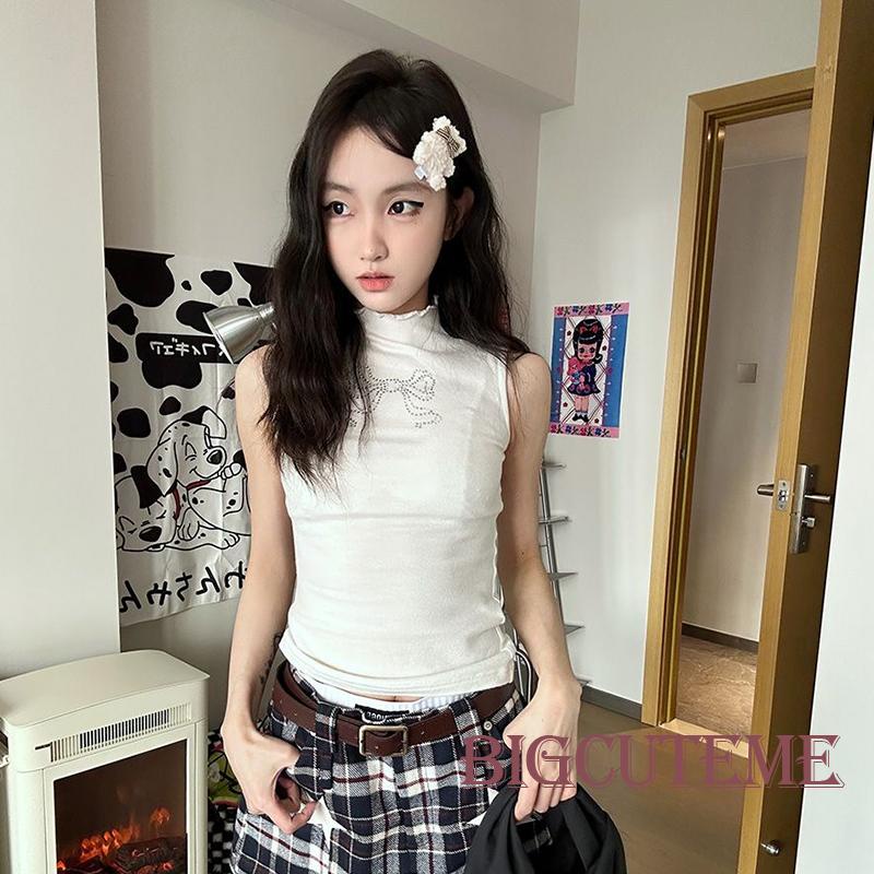 [] - Áo Tank Top Không Tay Cổ Lọ Đính Nơ Sửa Chữa Nóng Bỏng Thời Trang Đường Phố Mùa Hè Cho Nữ