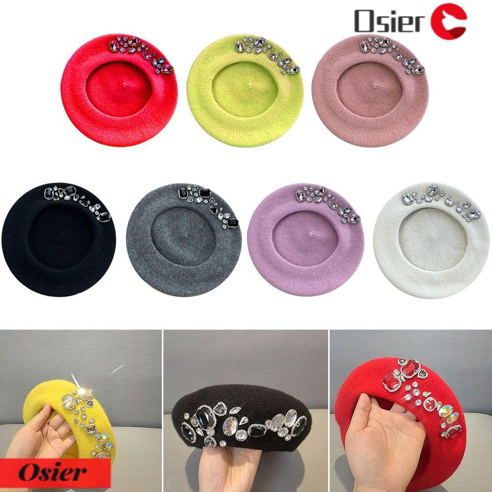 OSIER1 Mũ Beret Len Mềm Đính Đá Sang Trọng Cho Nữ
