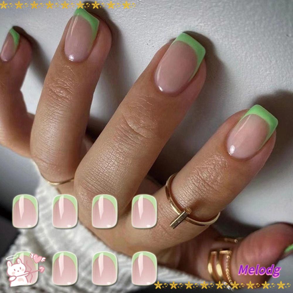 MELODG Bộ 24 Móng Tay Giả Hình Vuông Viền Xanh Lá Có Thể Tháo Rời Bảo Vệ Toàn Diện
