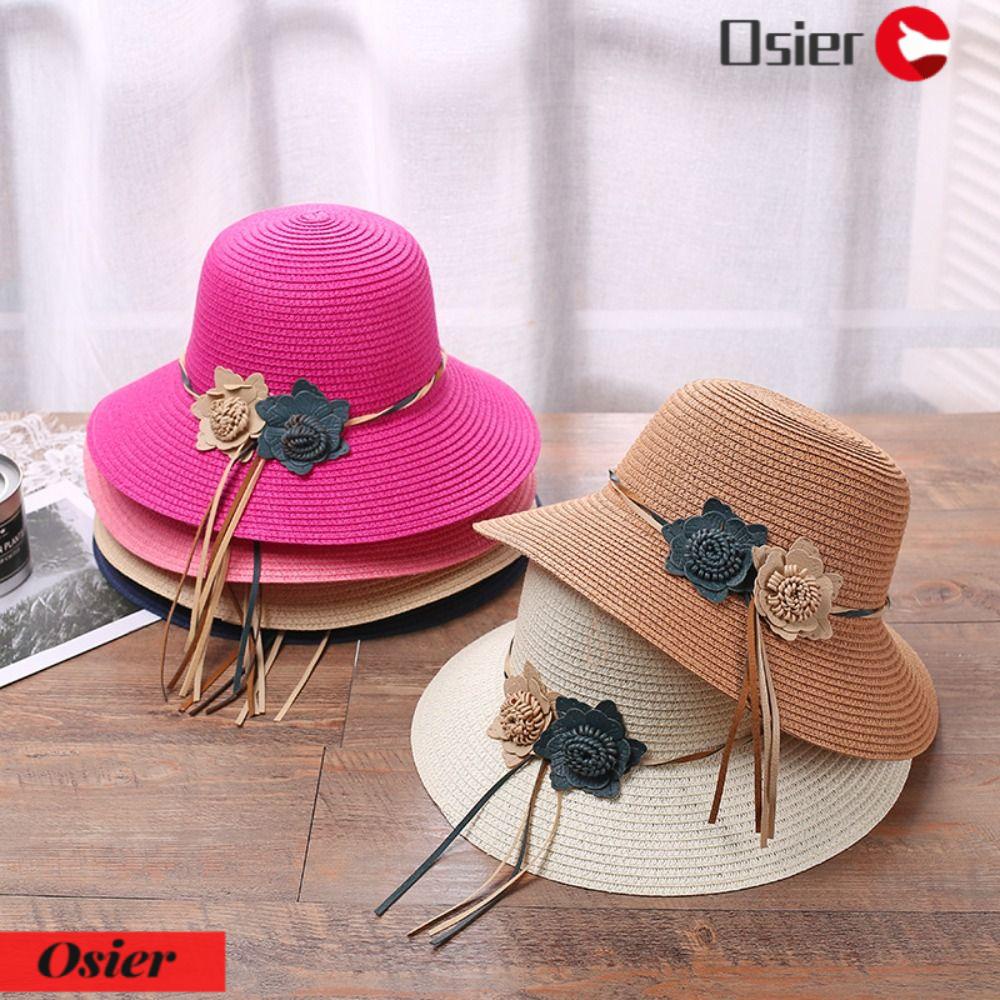 OSIER1 Mũ Cói Rộng Vành Đính Hoa Thời Trang Biển Cho Nữ