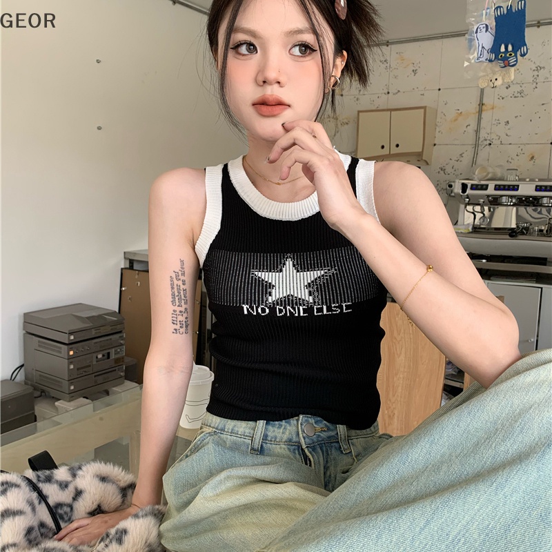 Geor Áo Dệt Kim Không Tay Cổ Tròn Dáng Ôm In Hình Ngôi Sao Phong Cách vintage Thời Trang Mùa Hè Dành Cho Nữ