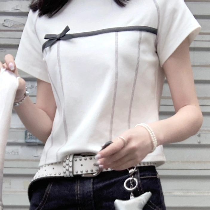 Áo Thun Ba Chiều Tay Ngắn Dáng Rộng Thắt Nơ Dễ Thương Thời Trang Mùa Hè Cho Nữ