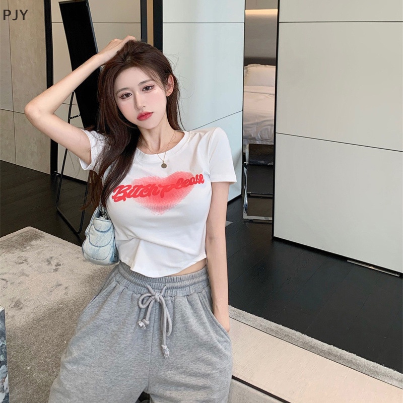Áo Thun Crop Top Tay Ngắn Cổ Tròn In Chữ Love Thời Trang Mùa Hè Dành Cho Nữ PJ