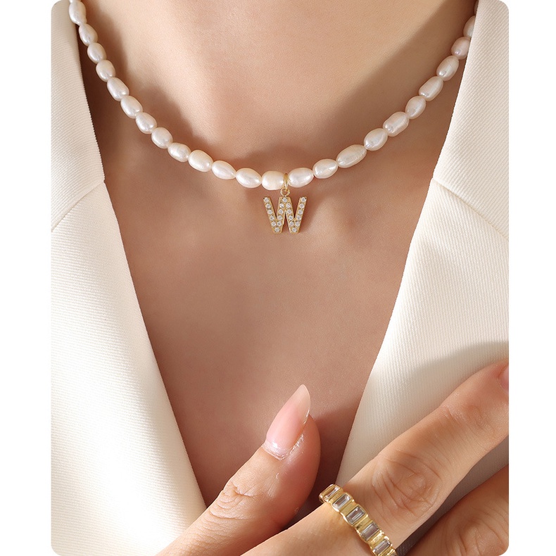 Freshwater Vòng cổ 26 Chữ Cái Khảm Đá zircon Toàn Diện Bằng Thép Titan Mạ Vàng Kim