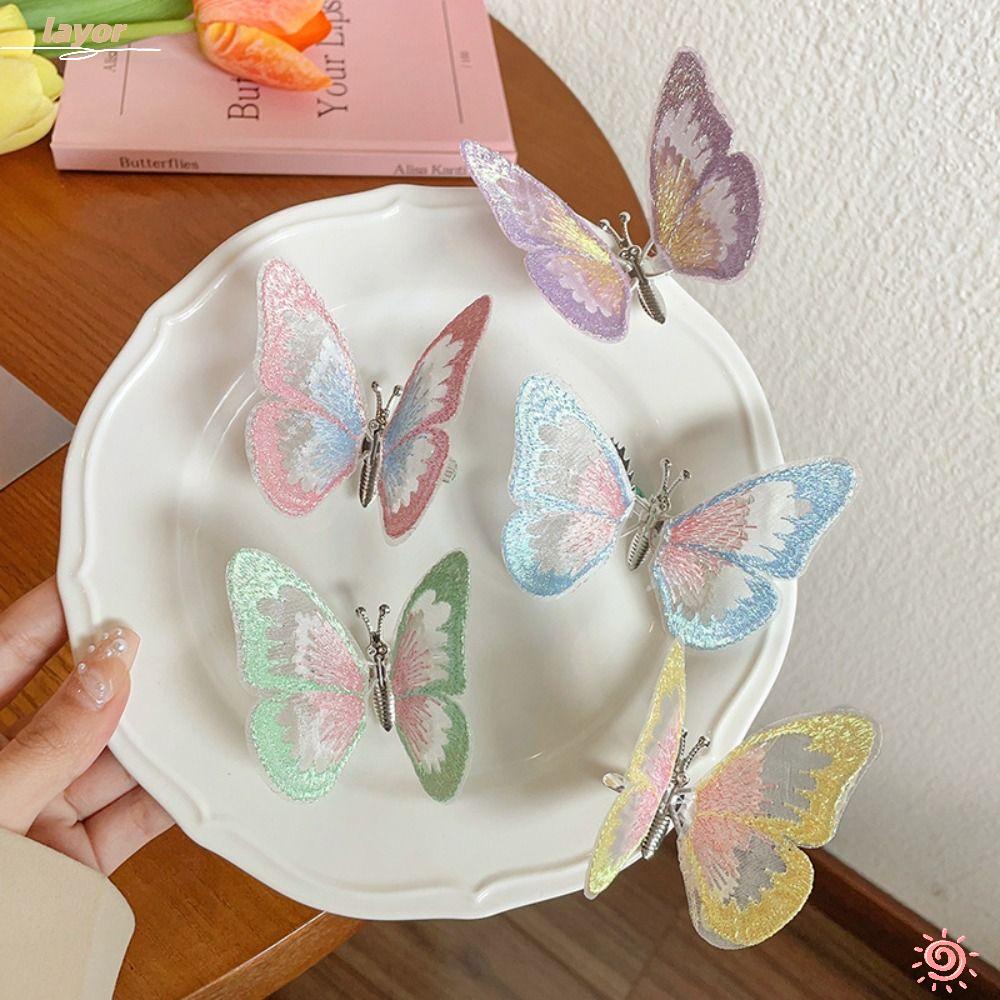 LAY Kẹp Tóc Hai Lớp Thêu Hình Bươm Bướm Nhiều Màu Sắc Dễ Thương Dành Cho Bạn Gái