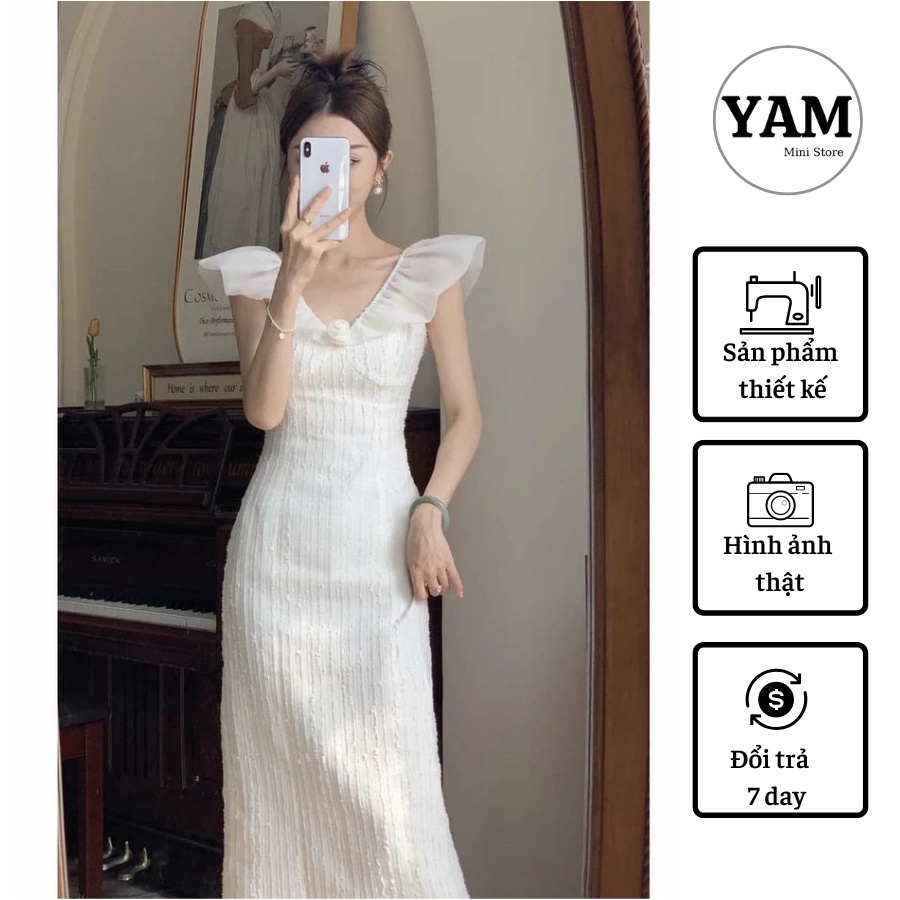 Váy trắng dáng dài ôm body hai dây trễ vai phối hoa ngực Joky size S M L XL- YAM MiNi STORE