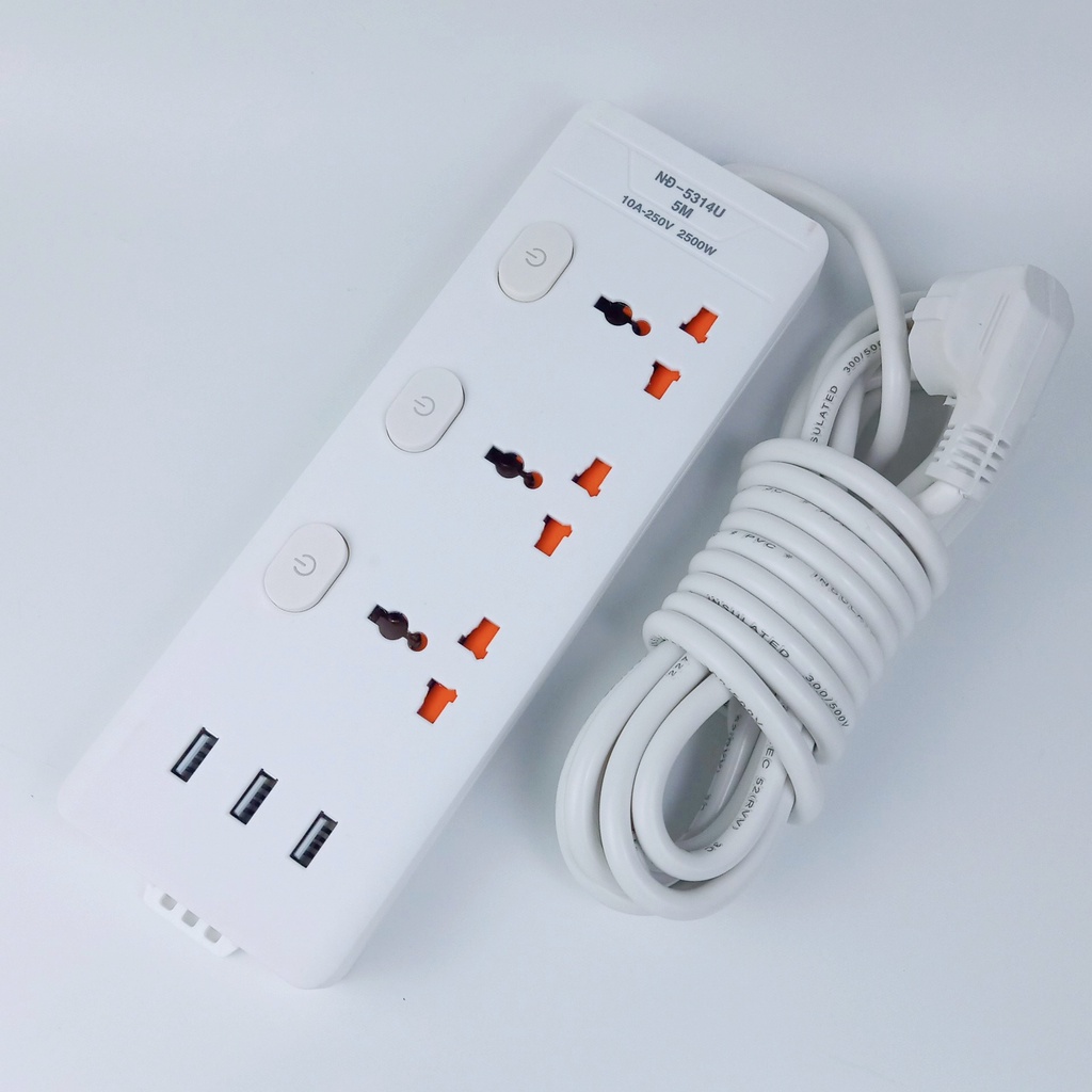 Ổ Cắm Điện Đa Năng USB Nhiều Công Tắc - 3 Lỗ Cắm Dây Dài 5M Có Rơ Le Chống Quá Tải.
