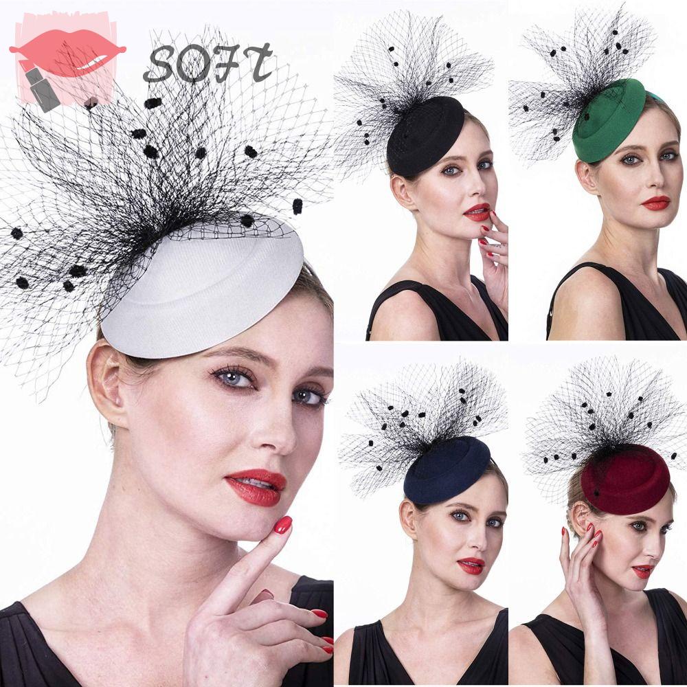 SOFTNESS Mũ Beret Phối Lưới Thắt Nút Màu Trơn Phong Cách Vintage Thời Trang Cho Nữ