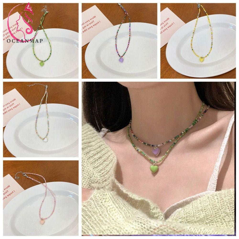 OCEANMAP Vòng cổ Mặt Trái Tim Màu Sắc Ngọt Ngào Y2K Phong Cách Hàn Quốc Cổ Điển Thời Trang Cho Nữ