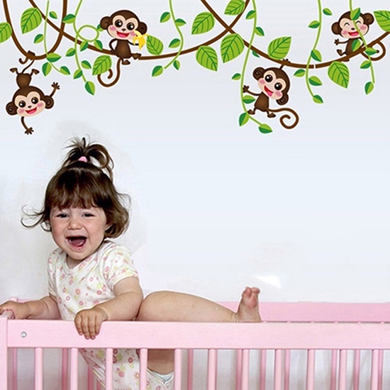 Miếng Dán Tường Hình Chú Khỉ Leo Cây Dễ Thương Trang Trí Phòng Bé