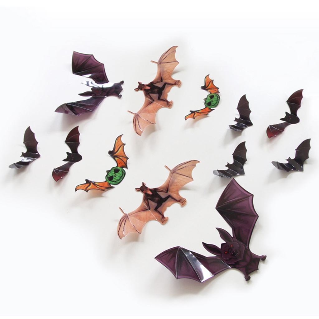 Bộ 12 Miếng Dán Tường Trang Trí Hình Dơi 3D Sáng Tạo Chống Xé Cho Tiệc Halloween