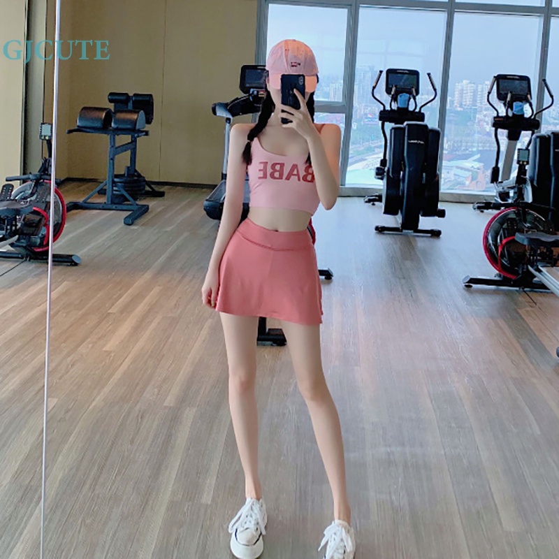 Set Áo Thun Ba Lỗ In Chữ + Chân Váy Ngắn Chống Trượt Thời Trang Nữ