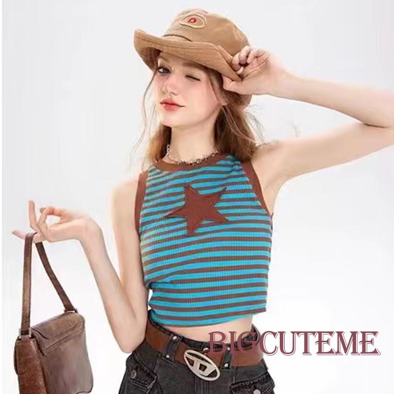 [] Áo Tank Top Không Tay Cổ Tròn Họa Tiết Kẻ Sọc Ngôi Sao Ôm Dáng Phong Cách Đường Phố Mùa Hè Cho