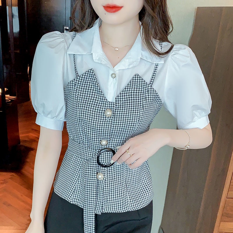 Áo Sơ Mi Chiffon Tay Ngắn Họa Tiết Sọc Caro Phong Cách Vintage Thời Trang Công Sở Cho Nữ