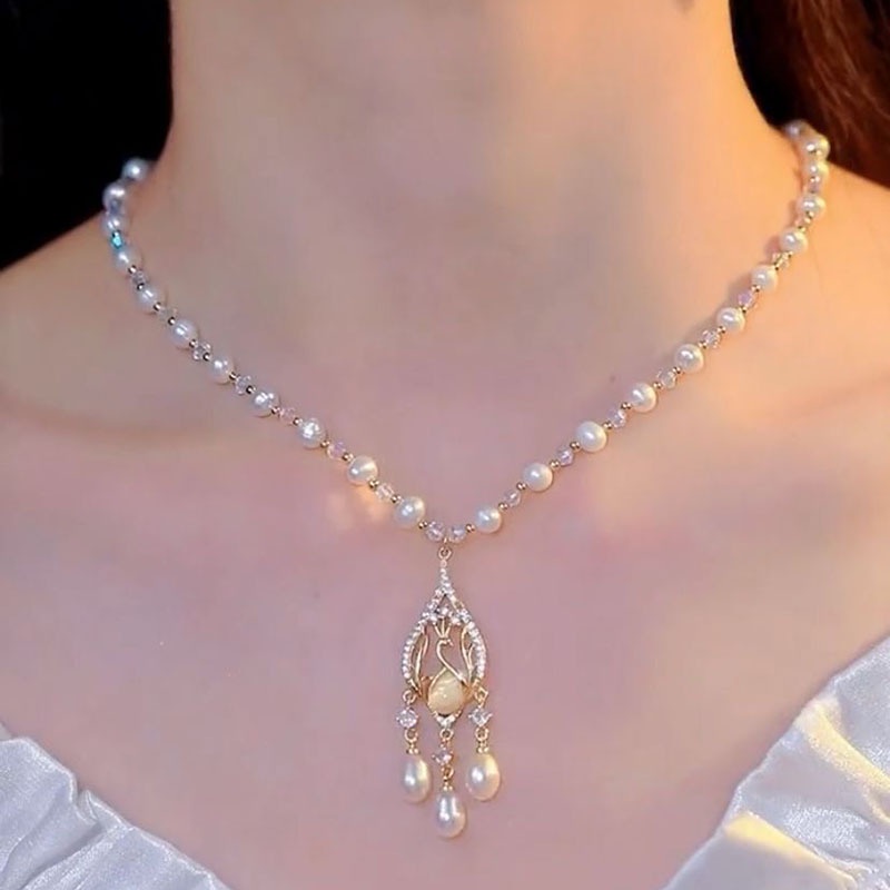 Dây Chuyền Ngọc Trai Mặt Hình Chim Công Đính Sang Trọng Nữ Vòng Cổ Bông tai Set Hàn Quốc Phụ Kiện Trang Sức
