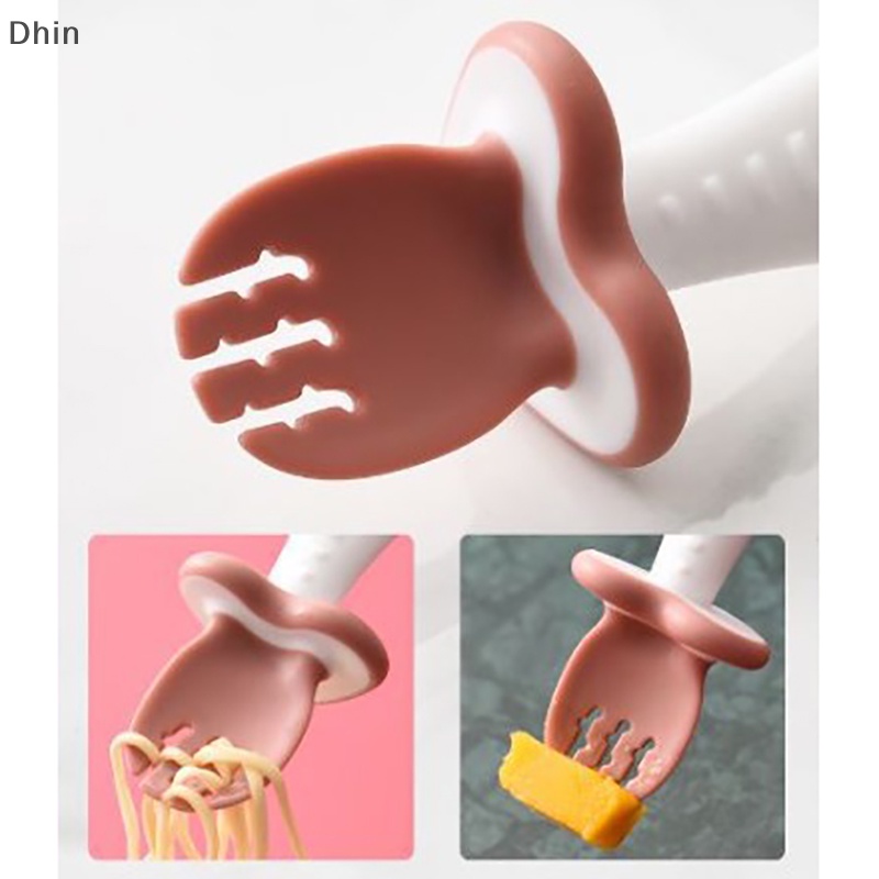 Bộ Muỗng Nĩa Bằng Silicon Mềm Tay Cầm Ngắn Dành Cho Bé Tập Ăn