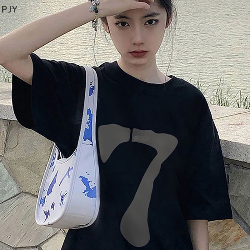 Áo Thun Ngắn Tay Cổ Tròn Dáng Rộng In Số Phong Cách Retro Mỹ Cho Nữ PJ