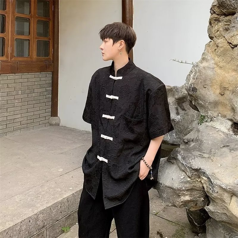 Áo Sơ Mi Ngắn Tay Cổ Đứng Cài Nút Dập Nổi Họa Tiết Phong Cách Trung Hoa