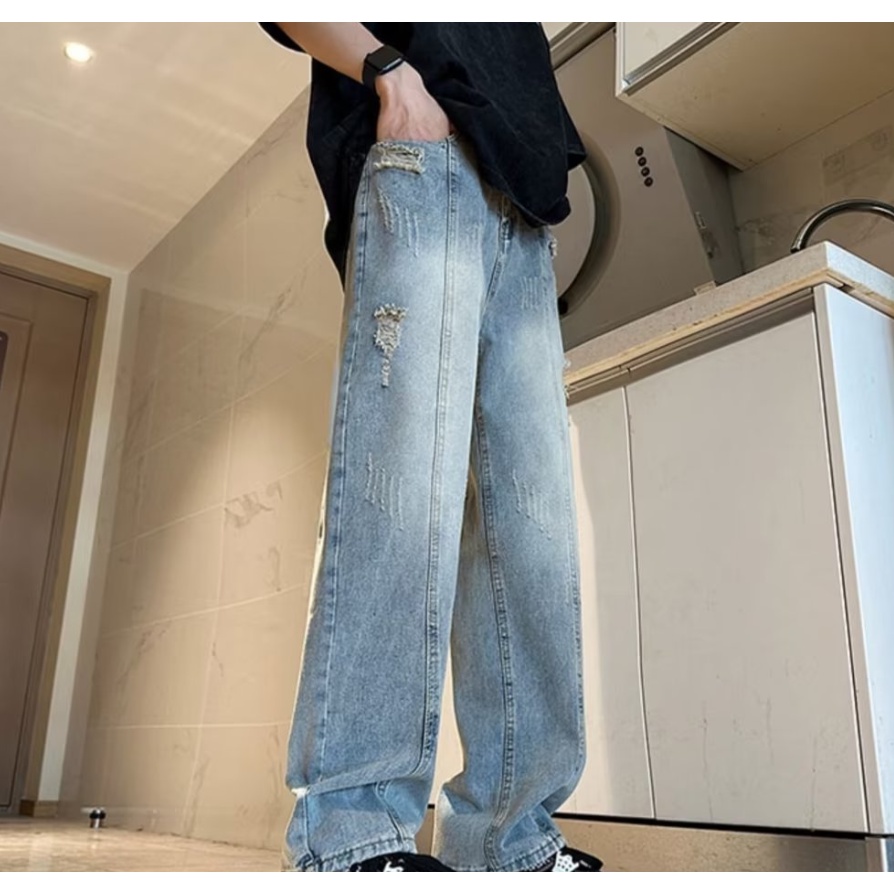 Quần Jeans Dài Ống Rộng Phong Cách Đường Phố Mỹ Thời Trang Mùa Hè Cho Nam