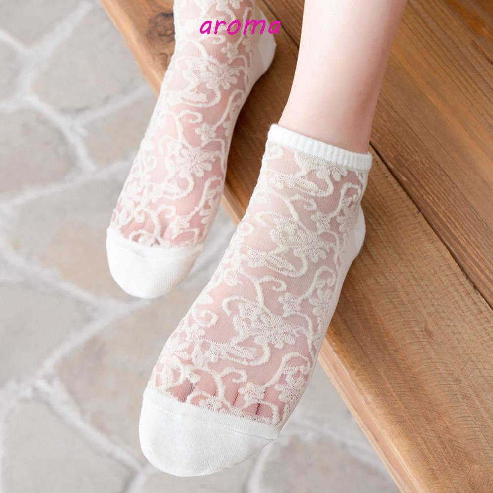 AROMA Vớ Cổ Thấp Bằng Lụa Phối Ren Chống Trượt Màu Trơn Mẫu Mới 2021