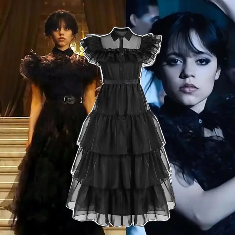 Đầm Hóa Trang Halloween Addams Màu Đen Phong Cách Gothic 2023 Cho Bé Gái E75 3-12 Tuổi