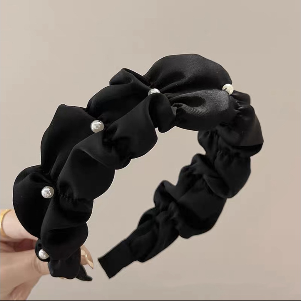 Haimeikang Băng Đô Cài Tóc Vải Satin Xếp Ly Đính Ngọc Trai Đơn Giản Màu Sắc Retro Hàn Quốc