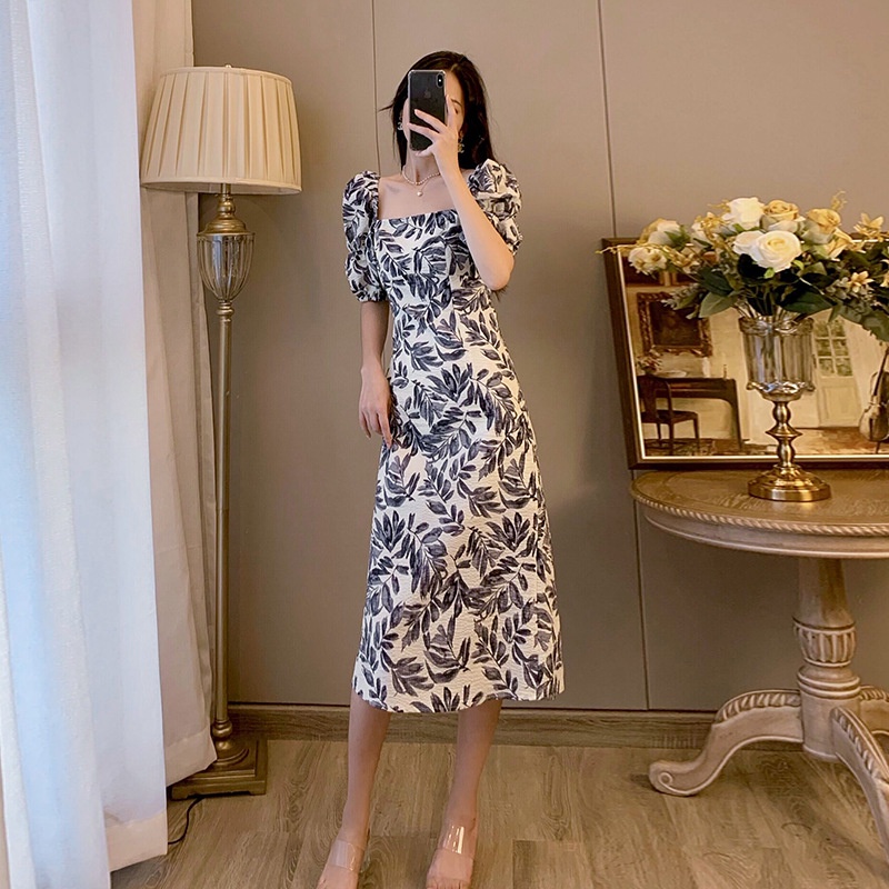 Đầm Midi Ngắn Tay Cổ Vuông Họa Tiết Hoa Phong Cách Pháp Thời Trang Mùa Hè Cho Nữ