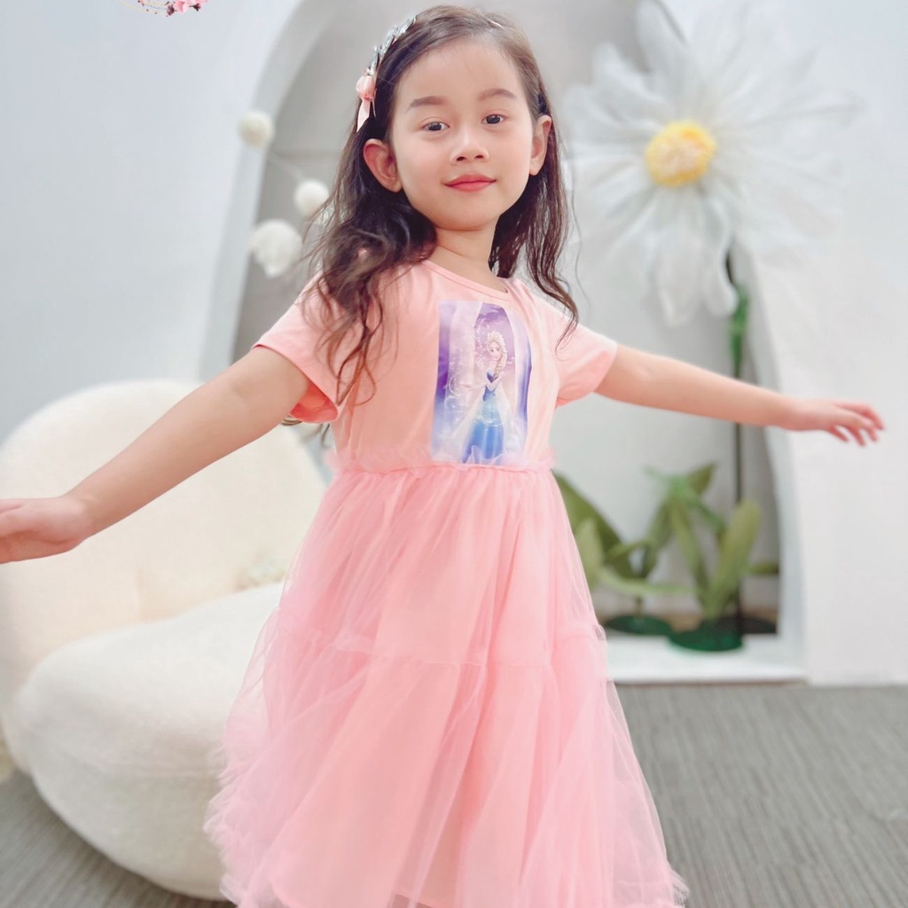 Váy công chúa cotton in elsa tùng bèo lưới sanh chảnh Anni Kids thời trang bé gái 10kg đến 33kg SHUSHIBABYSHOP