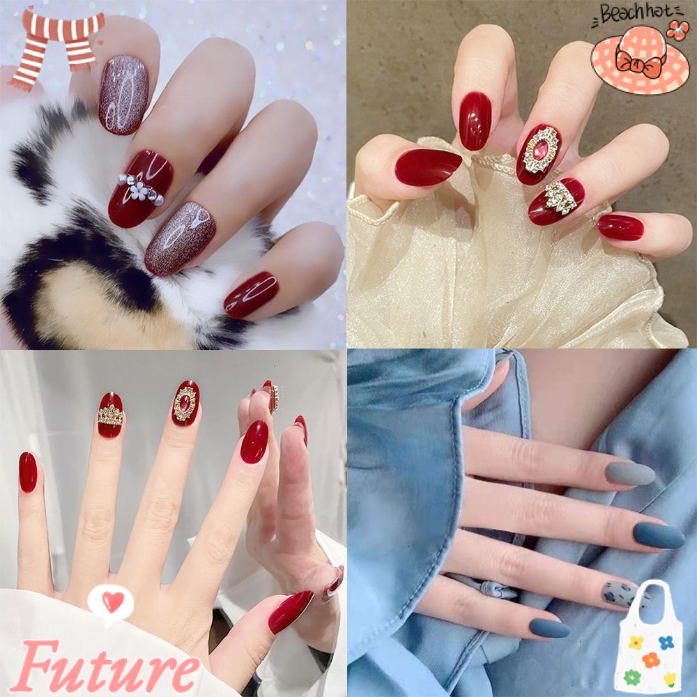 FUTURE Bộ 24 Móng Tay Giả Che Phủ Toàn Diện Tháo Rời Được Họa Tiết Hoa Kiểu Pháp