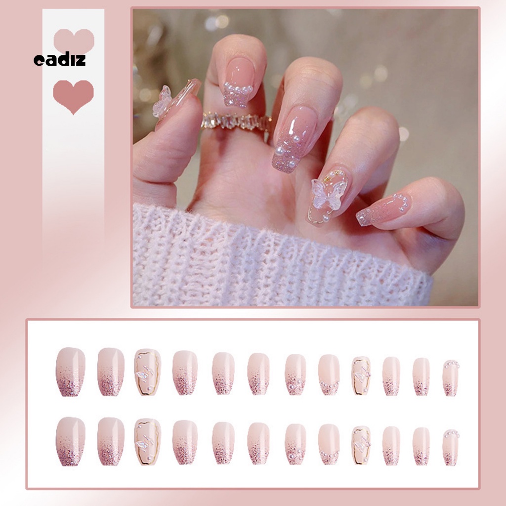 1 Bộ Móng Tay Giả Bằng Nhựa Siêu Mỏng Đính Ngọc Trai Hình Bướm 3D DIY