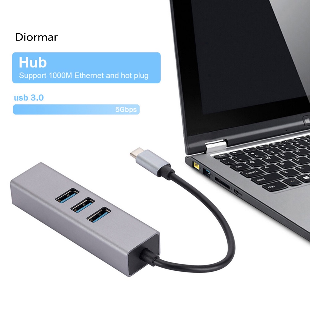 Bộ Chia Nhiều Cổng Mạng Dinio 4 Trong 1 Cổng USB 30 Type-C Sang RJ45 Thông Dụng Cho Máy Tính