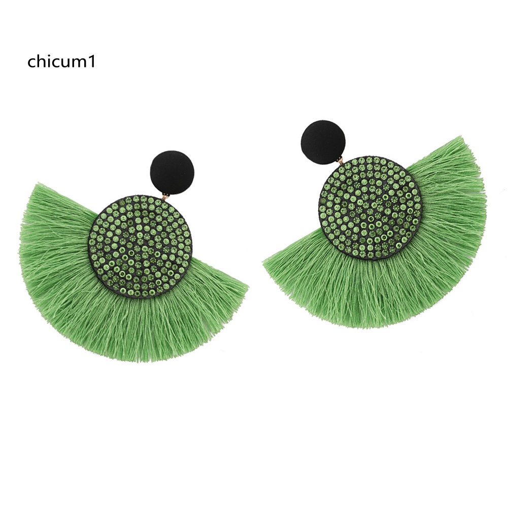 Khuyên Tai Hình Quạt Đính Đá Tua Rua Phong Cách Bohemian