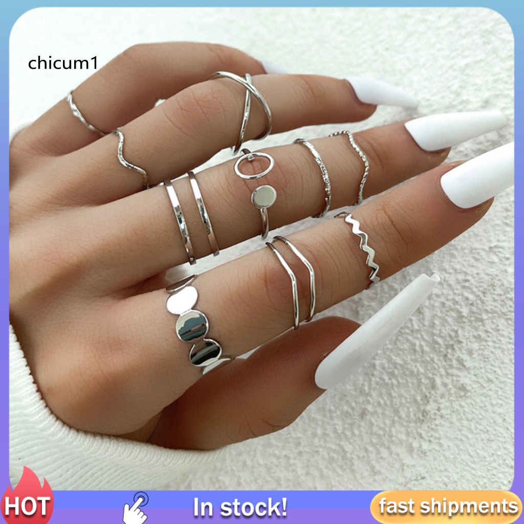 Set 10 Nhẫn Đeo Tay Kim Loại Thiết Kế Đơn Giản Thời Trang Cho Nữ