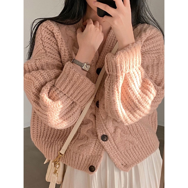 Xiang Nian Ni Áo Khoác cardigan Dài Tay Dáng Rộng Cổ Chữ V Cài Một Hàng Nút Cỡ Lớn Phong Cách retro Hàn Quốc Mùa Thu