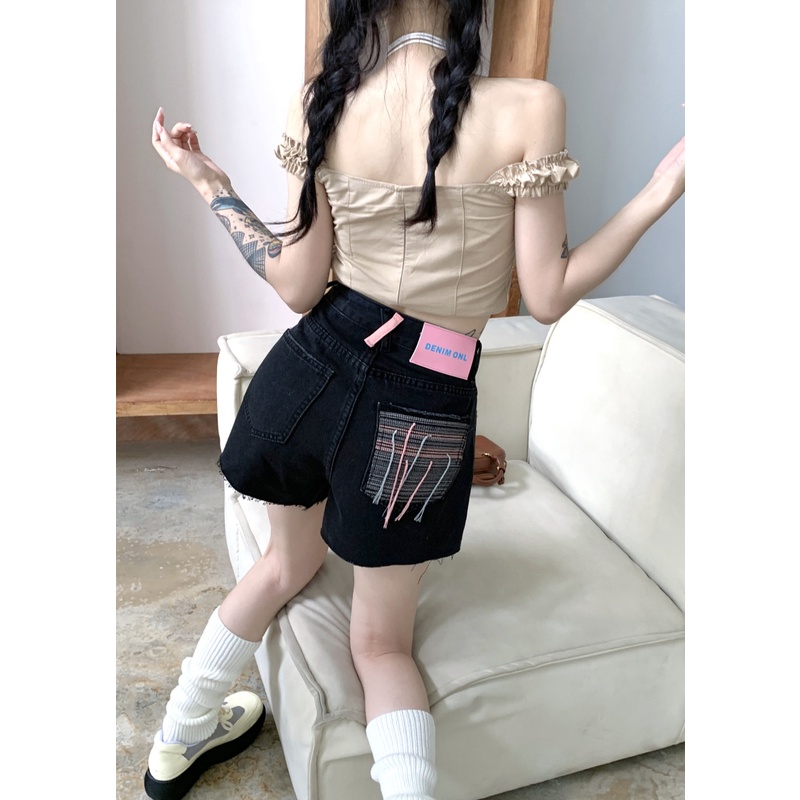 Quần Short Denim Dáng Chữ a Lưng Cao Thêu Họa Tiết Ngọt Ngào