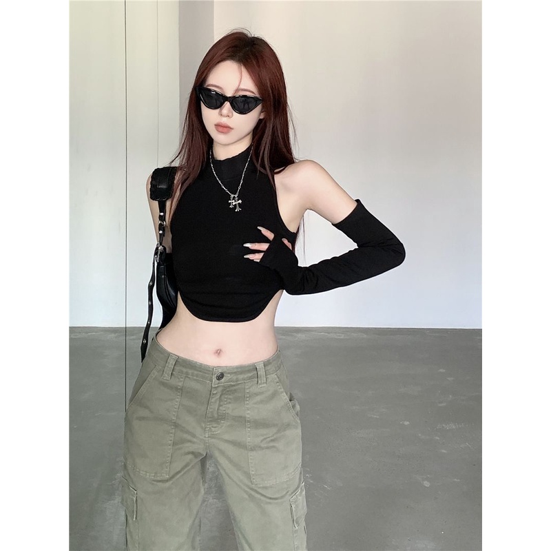 Áo Croptop Ôm Dáng Màu Đen Phong Cách Mỹ Quyến Rũ Cho Nữ D43D