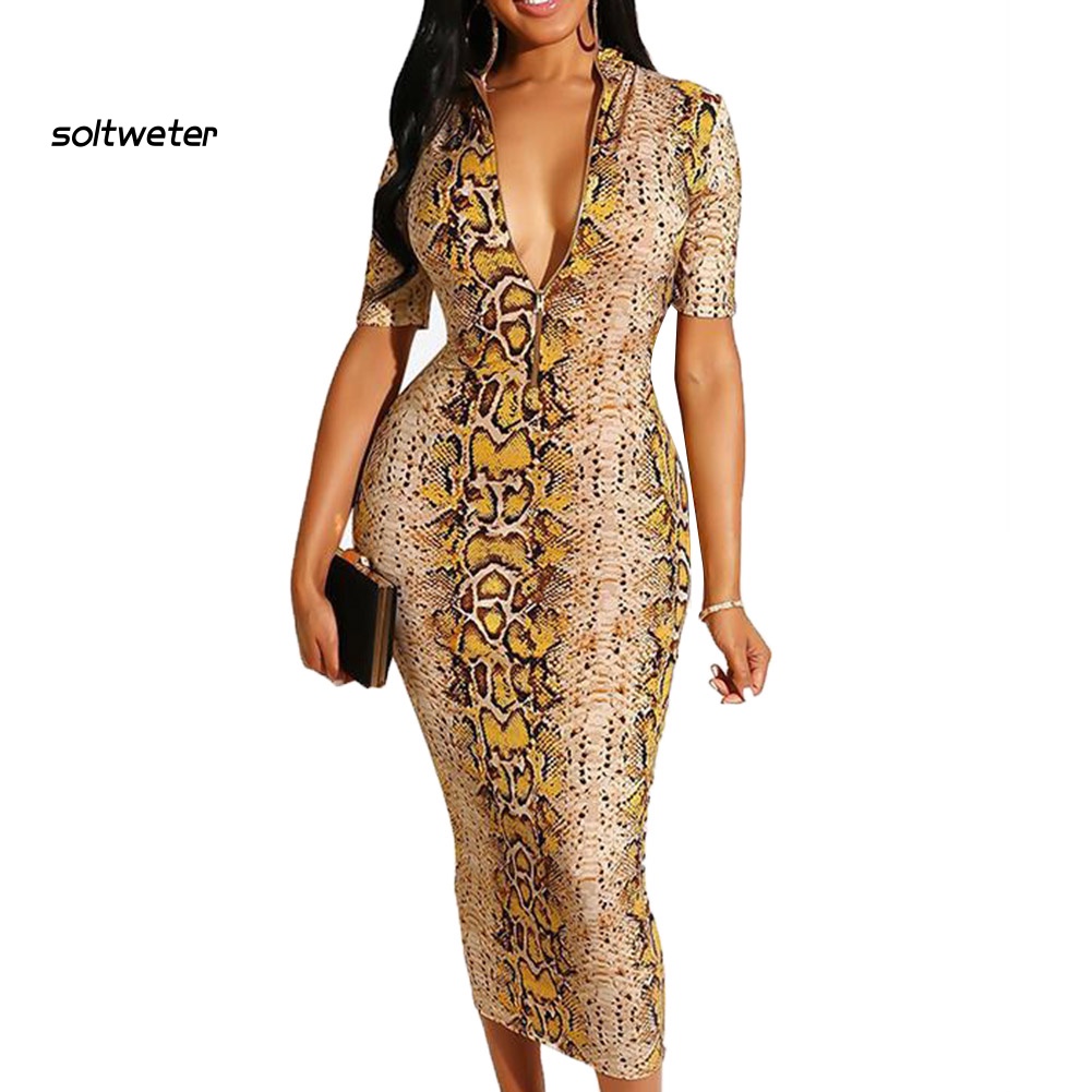 Đầm Midi Tay Ngắn / Dài Dáng Ôm In Họa Tiết Da Rắn Thời Trang Quyến Rũ Cho Nữ