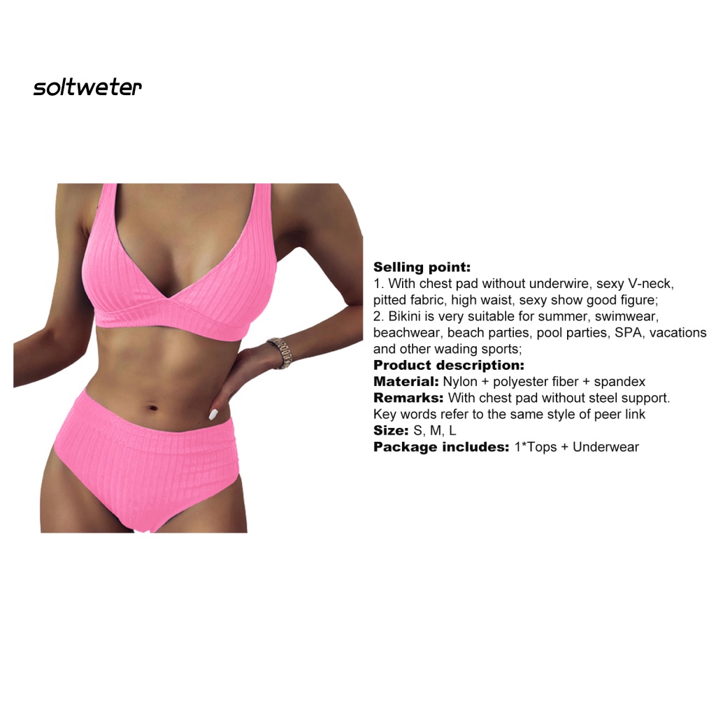 Bộ Đồ Bơi Bikini Hai Mảnh Cổ Chữ V Sâu Màu Trơn Có Gân Và Quần Lót Dành Cho Bạn Nữ Mặc Mùa Hè