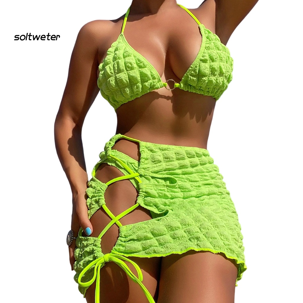 Bộ Đồ Bơi 3 Món Bằng Polyester Mềm Mại Màu Trơn Có Đệm Ngực Thoáng Khí Gợi Cảm Cho Nữ
