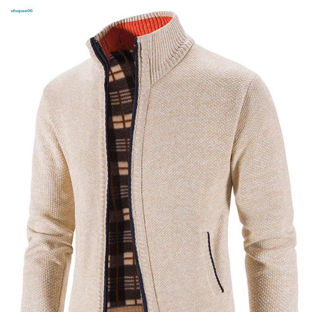 Pemg Áo Khoác Sweater Dệt Kim Tay Dài Lót Lông Cừu Màu Trơn Có Khóa Kéo Thời Trang Thu Đông Cho Nam