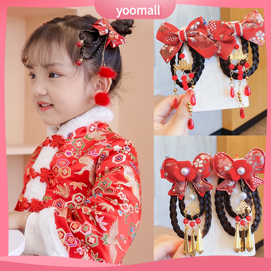 1 Cặp Kẹp Tóc Giả Đính Nơ Tua Rua Phong Cách Trung Hoa Ngọt Ngào Cho Bé Gái