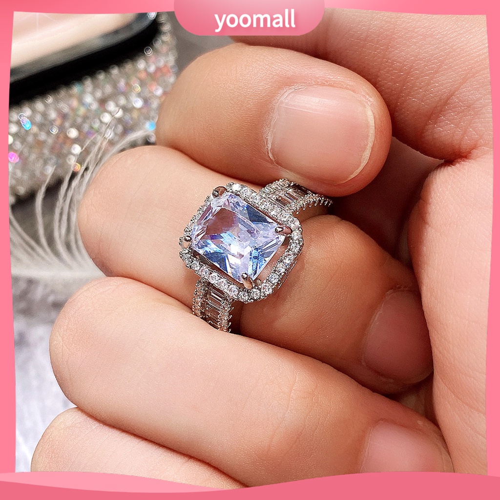 [YM] Nhẫn Cưới Bản Rộng Đính Đá Zircon Hình Vuông Lấp Lánh Không Gây Dị Ứng Trang Trí Phong Cách Phương Tây Cho Nữ