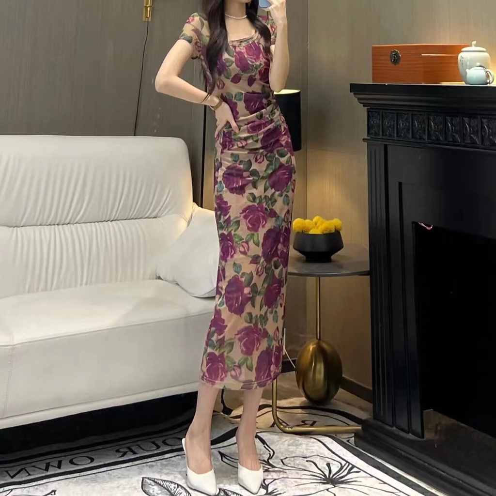 Đầm Dài Cổ Tròn Tay Ngắn Dáng Ôm Thời Trang Sang Trọng Cho Nữ